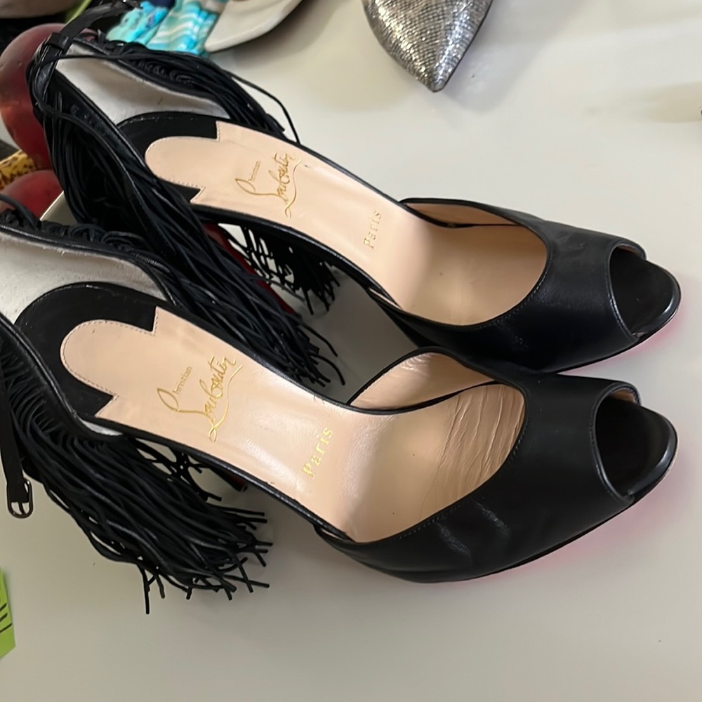 Christian Louboutin Black Leather Otrot Fringe Ankle-Strap Sandals